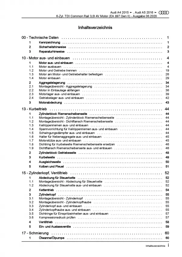 Audi A5 Typ F5 ab 2016 6-Zyl. 3,0l Dieselmotor TDI Reparaturanleitung PDF