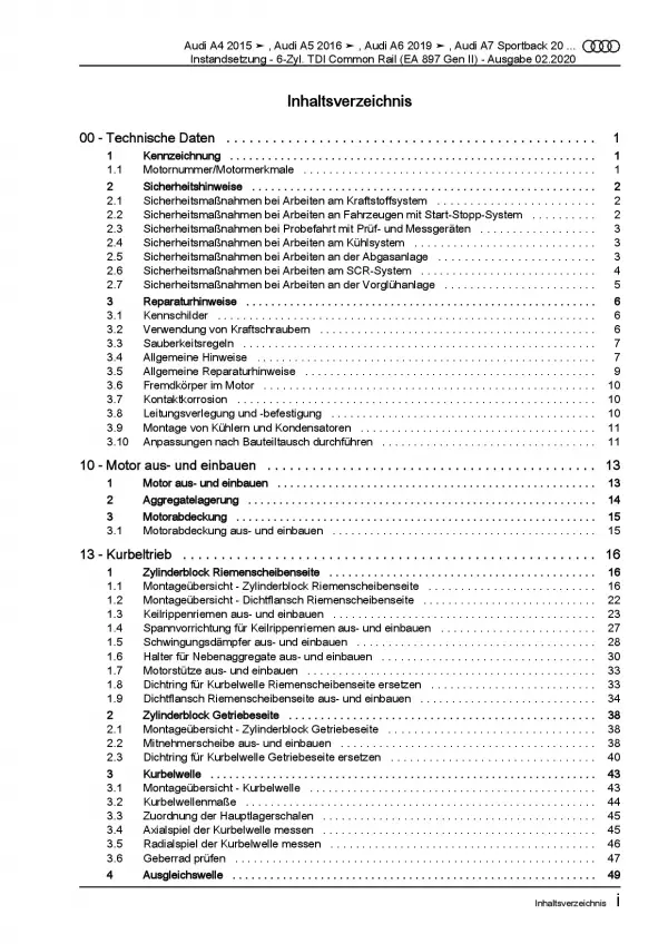 Audi A5 F5 ab 2016 Instandsetzung 6-Zyl. 3,0l Dieselmotor Reparaturanleitung PDF