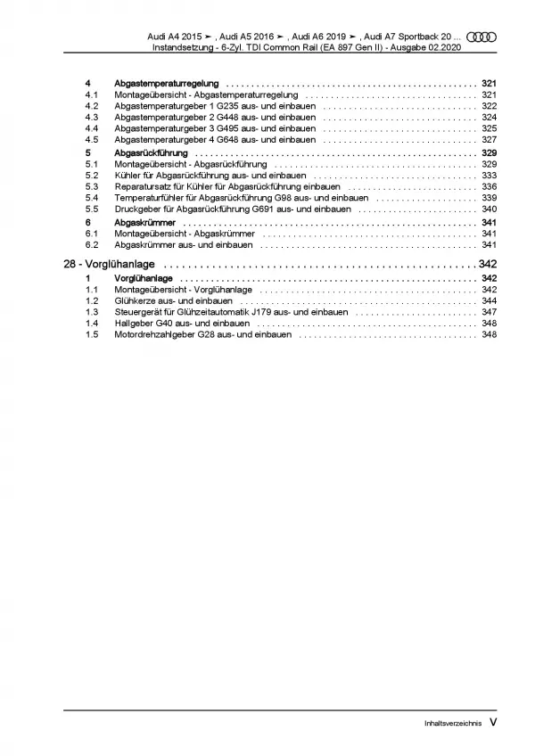 Audi A5 F5 ab 2016 Instandsetzung 6-Zyl. 3,0l Dieselmotor Reparaturanleitung PDF