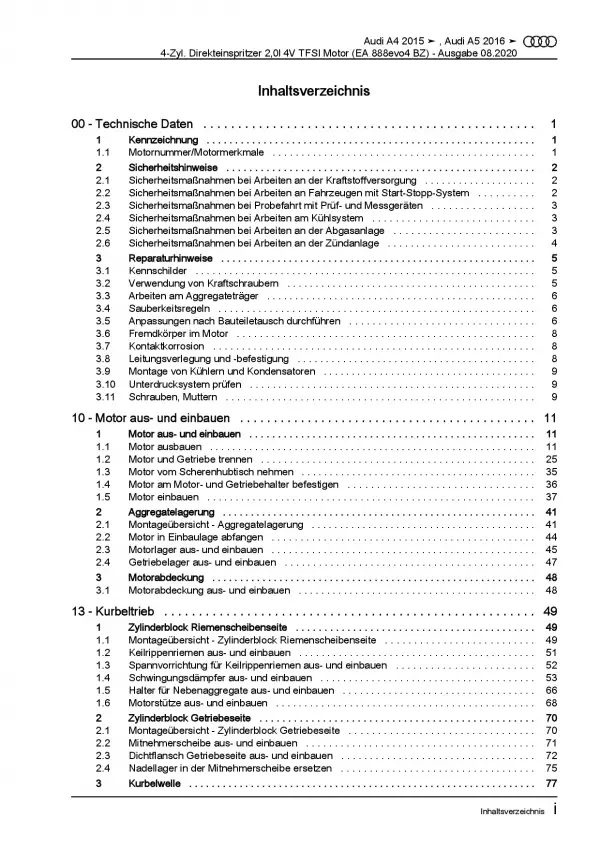 Audi A5 Typ F5 ab 2016 4-Zyl. Benzinmotor 2,0l 4V TFSI Reparaturanleitung PDF