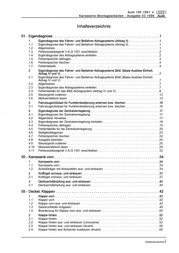 Audi A6 Typ 4A 1990-1997 Karosseriearbeiten Innen Außen Reparaturanleitung PDF