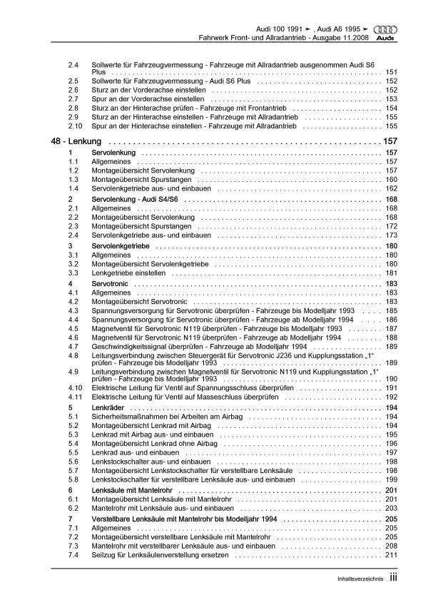 Audi A6 Typ 4A 1990-1997 Fahrwerk Achsen Lenkung FWD AWD Reparaturanleitung PDF