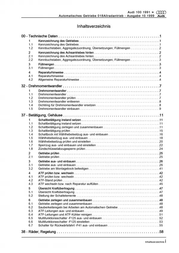 Audi A6 Typ 4A 1990-1997 4 Gang Automatikgetriebe 018 4WD Reparaturanleitung PDF