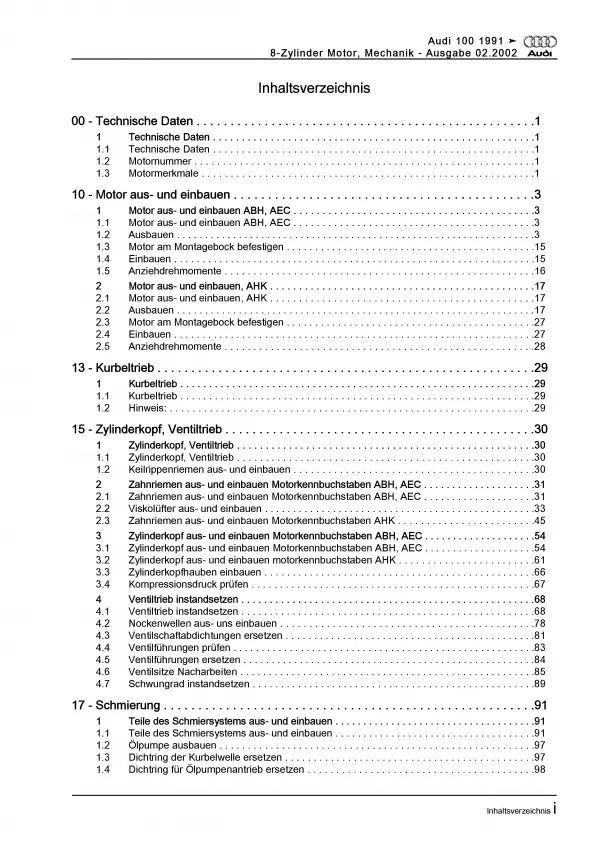 Audi A6 4A 1990-1997 4,2l Benzinmotor 280-326 PS Mechanik Reparaturanleitung PDF