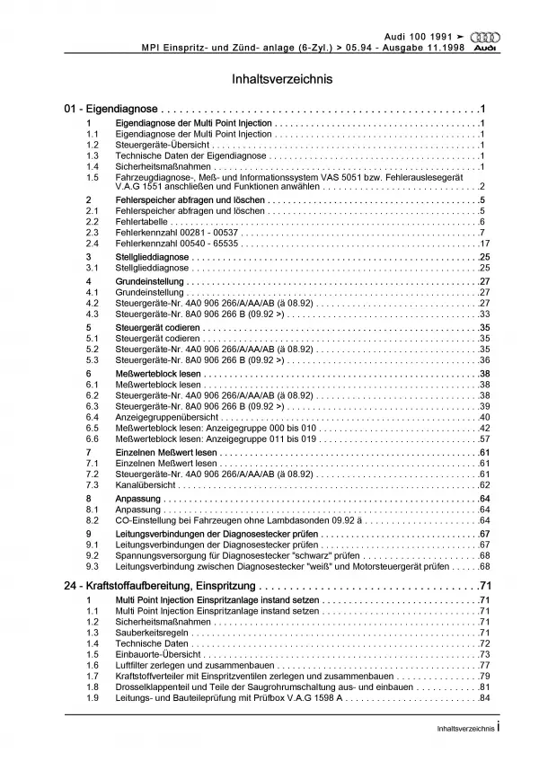 Audi A6 Typ 4A 1990-1994 MPI Einspritz- Zündanlage 174 PS Reparaturanleitung PDF