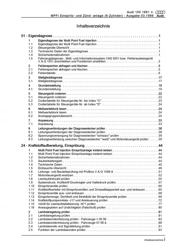 Audi A6 4A (90-97) MPFI Einspritz- Zündanlage 2,6l 6-Zyl. Reparaturanleitung PDF