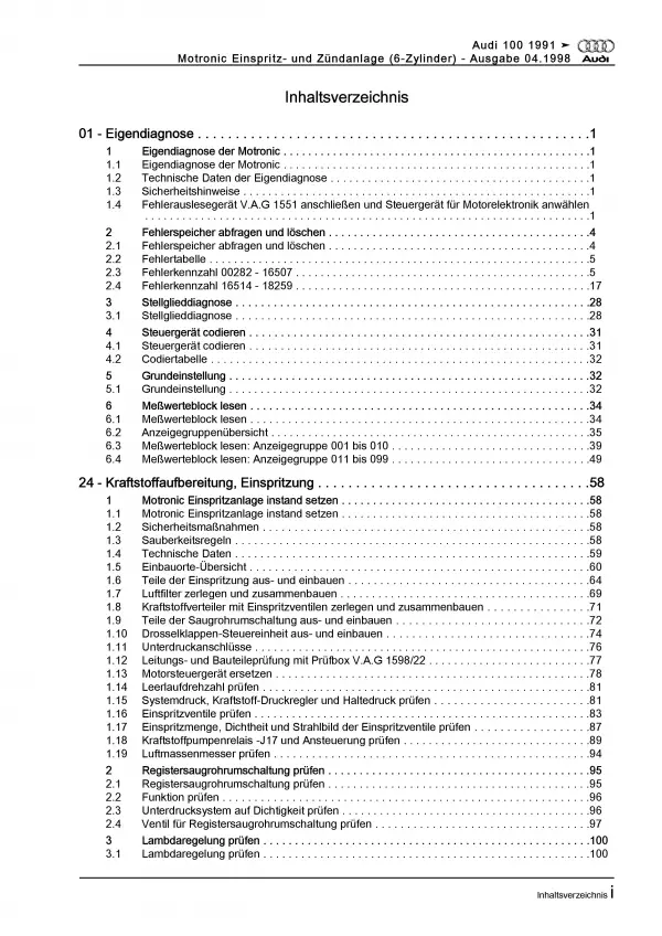 Audi A6 4A 1990-1997 Motronic Einspritz/Zündanlage 193 PS Reparaturanleitung PDF