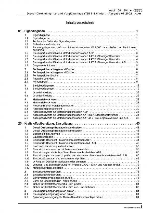 Audi A6 4A 1990-1997 Diesel Einspritz- Vorglühanlage 2,5l Reparaturanleitung PDF