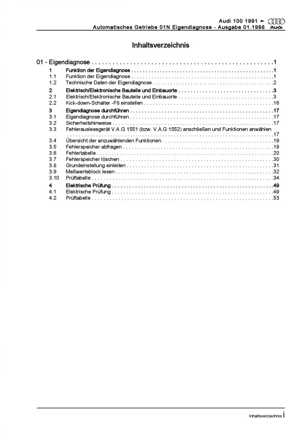 Audi A6 4A 1990-1997 Eigendiagnose Automatikgetriebe 01N Reparaturanleitung PDF