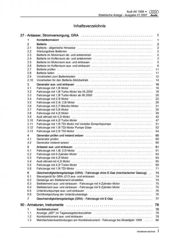 Audi A6 4B 1997-2005 Elektrische Anlage Elektrik Systeme Reparaturanleitung PDF