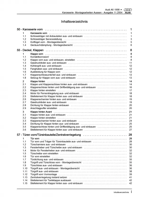 Audi A6 Typ 4B 1997-2005 Karosserie Montagearbeiten Außen Reparaturanleitung PDF