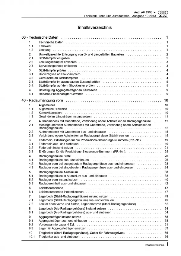 Audi A6 Typ 4B 1997-2005 Fahrwerk Achsen Lenkung FWD AWD Reparaturanleitung PDF