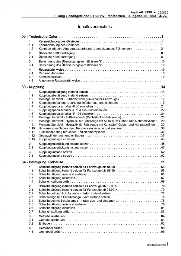 Audi A6 4B (97-05) 5 Gang Schaltgetriebe 012 01W Kupplung Reparaturanleitung PDF