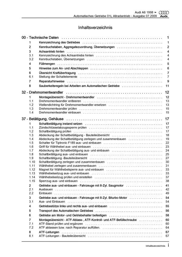 Audi A6 Typ 4B 1997-2005 5 Gang 01L Automatikgetriebe FWD Reparaturanleitung PDF