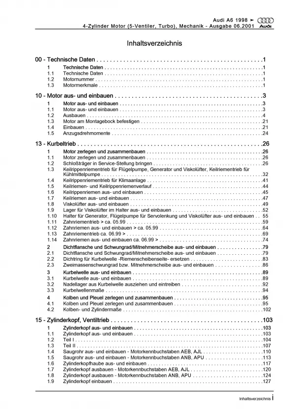 Audi A6 4B 1997-2005 1,8l Benzinmotor 150-180 PS Mechanik Reparaturanleitug PDF