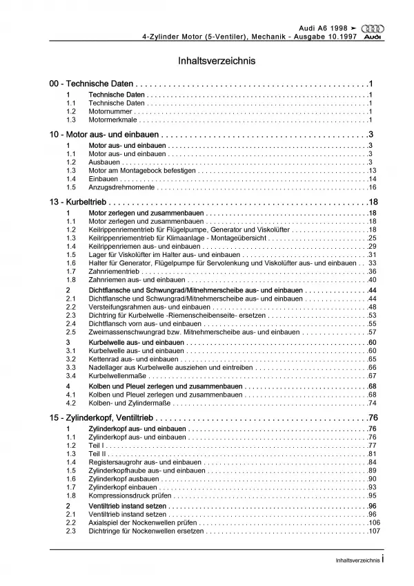 Audi A6 Typ 4B (97-05) 4-Zyl. Benzinmotor 125 PS Mechanik Reparaturanleitug PDF