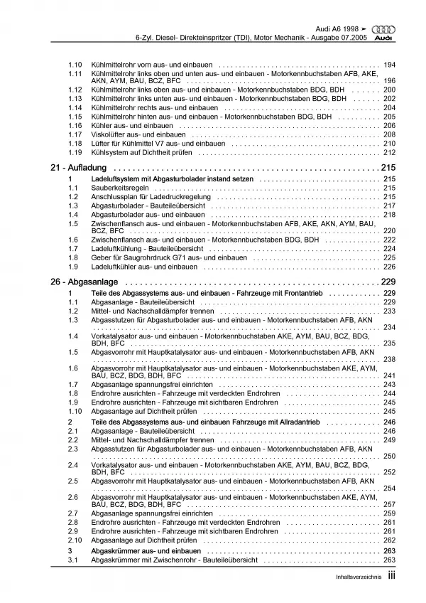 Audi A6 4B (97-05) 6-Zyl. Dieselmotor 150-180 PS Mechanik Reparaturanleitung PDF