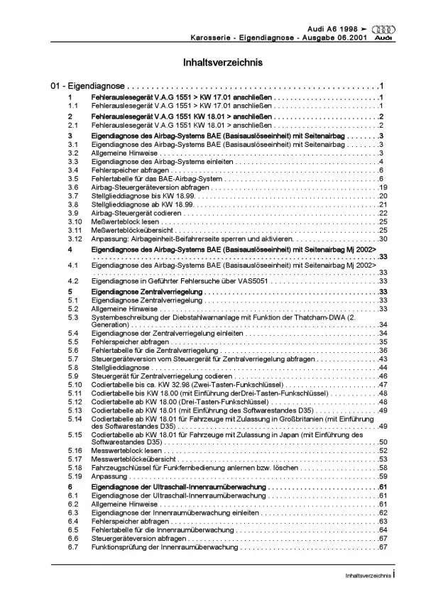 Audi A6 Typ 4B 1997-2005 Eigendiagnose Karosserie Reparaturanleitung PDF