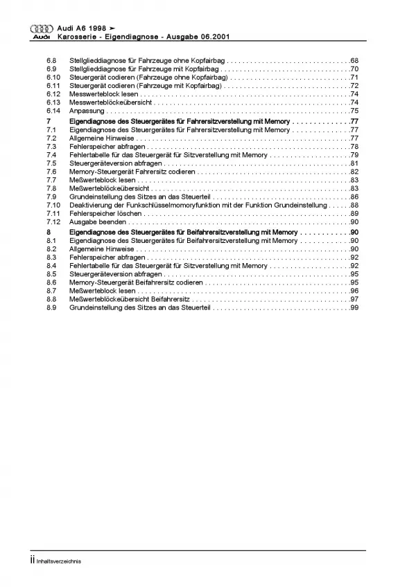 Audi A6 Typ 4B 1997-2005 Eigendiagnose Karosserie Reparaturanleitung PDF