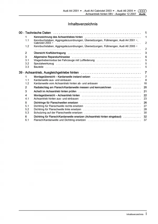 Audi A6 4F 2004-2011 Kardanwelle Achsantrieb hinten 08V Reparaturanleitung PDF