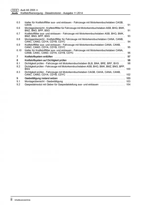 Audi A6 Typ 4F 2004-2011 Kraftstoffversorgung Dieselmotoren Reparaturanleitung