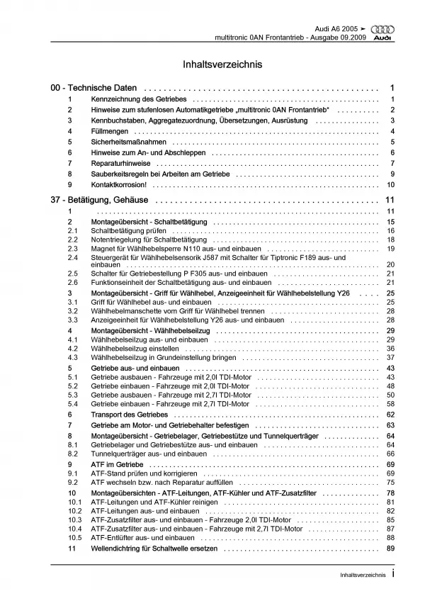 Audi A6 4F (04-11) Multitronic Getriebe 0AN Frontantrieb Reparaturanleitung PDF