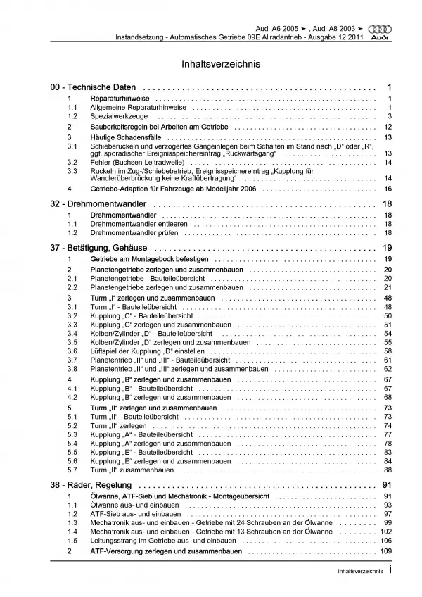 Audi A6 4F 2004-2011 Instandsetzung Automatikgetriebe 09E Reparaturanleitung PDF