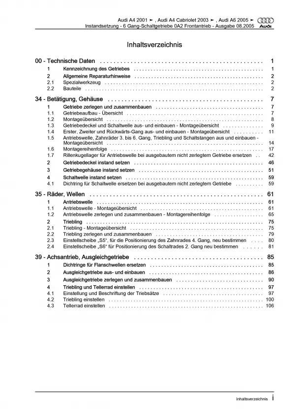 Audi A6 Typ 4F (04-11) Instandsetzung Schaltgetriebe 0A2 Reparaturanleitung PDF