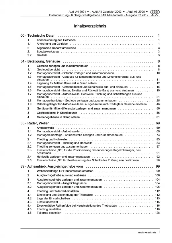 Audi A6 Typ 4F (04-11) Instandsetzung 0A3 Schaltgetriebe Reparaturanleitung PDF