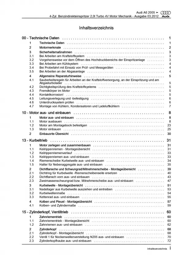 Audi A6 4F 2004-2011 4-Zyl. Benzinmotor 170 PS Mechanik Reparaturanleitung PDF