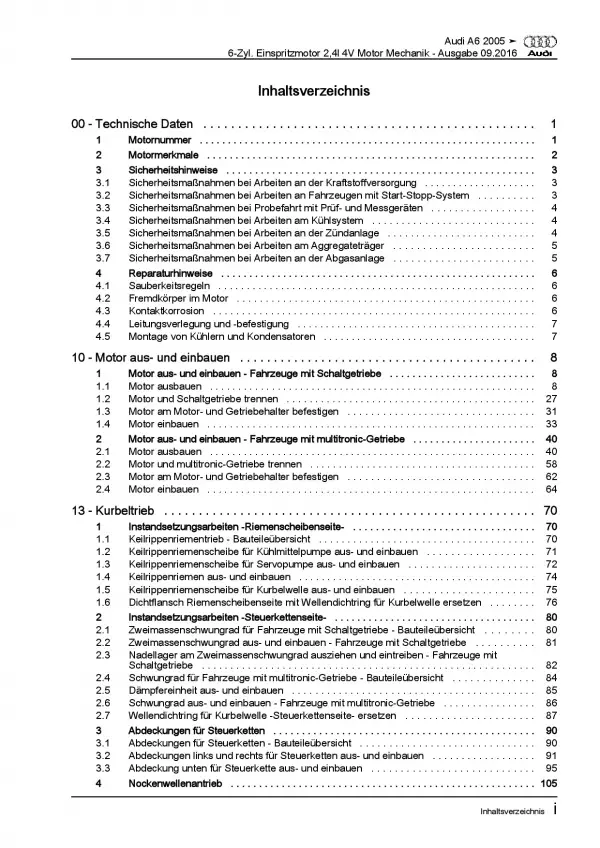 Audi A6 4F 2004-2011 6-Zyl. Benzinmotor 177 PS Mechanik Reparaturanleitung PDF