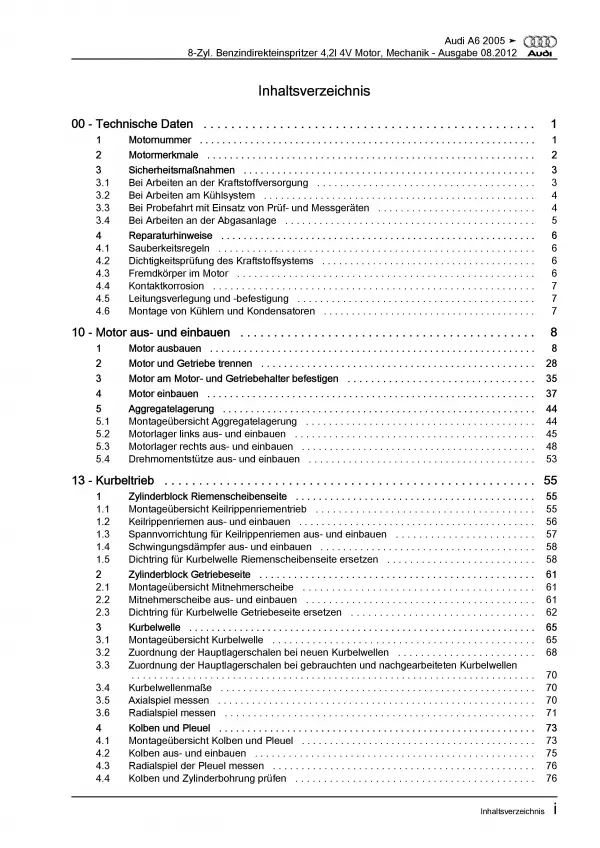 Audi A6 4F 2004-2011 8-Zyl. Benzinmotor 349 PS Mechanik Reparaturanleitung PDF