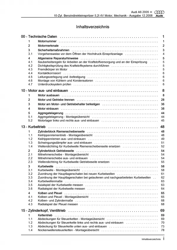 Audi A6 4F 2004-2011 10-Zyl. Benzinmotor 435 PS Mechanik Reparaturanleitung PDF