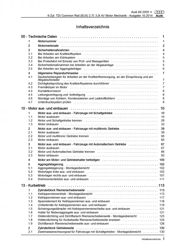 Audi A6 4F (04-11) 6-Zyl. Dieselmotor 163-239 PS Mechanik Reparaturanleitung PDF