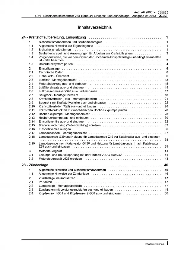 Audi A6 4F 2004-2011 Benzin Einspritz- Zündanlage 170 PS Reparaturanleitung PDF