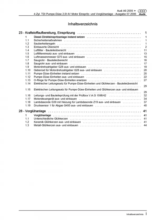 Audi A6 4F 2004-2011 Diesel Einspritz- Vorglühanlage 2,0l Reparaturanleitung PDF