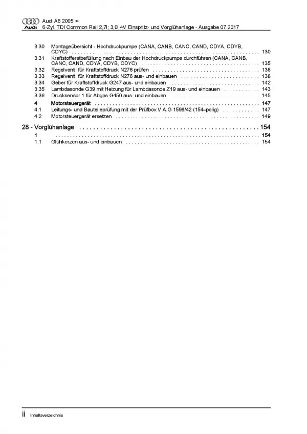 Audi A6 Typ 4F 2004-2011 Diesel Einspritz- Vorglühanlage Reparaturanleitung PDF