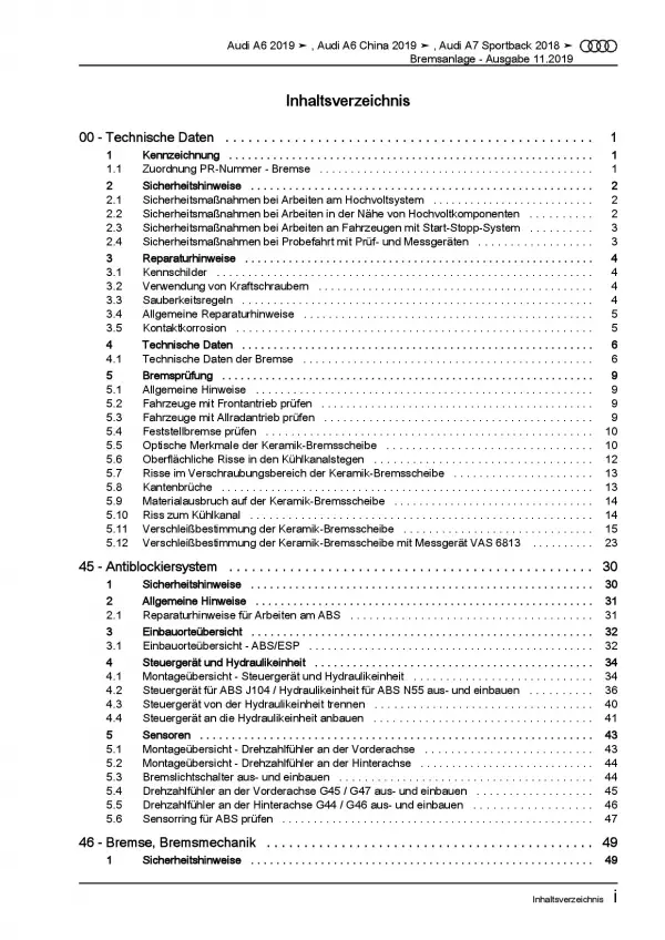 Audi A6 Typ 4K ab 2018 Bremsanlagen Bremsen System Reparaturanleitung PDF