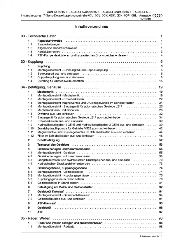 Audi A6 4K ab 2018 Instandsetzung Automatikgetriebe DKG Reparaturanleitung PDF