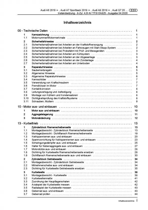 Audi A6 4K ab 2018 Instandsetzung 8-Zyl. TFSI Benzinmotor Reparaturanleitung PDF