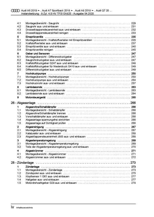 Audi A6 4K ab 2018 Instandsetzung 8-Zyl. TFSI Benzinmotor Reparaturanleitung PDF