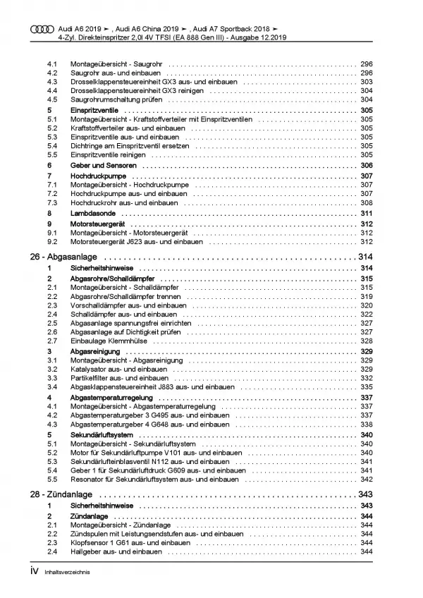 Audi A6 Typ 4K ab 2018 4-Zyl. 2,0l TFSI Benzinmotor Reparaturanleitung PDF