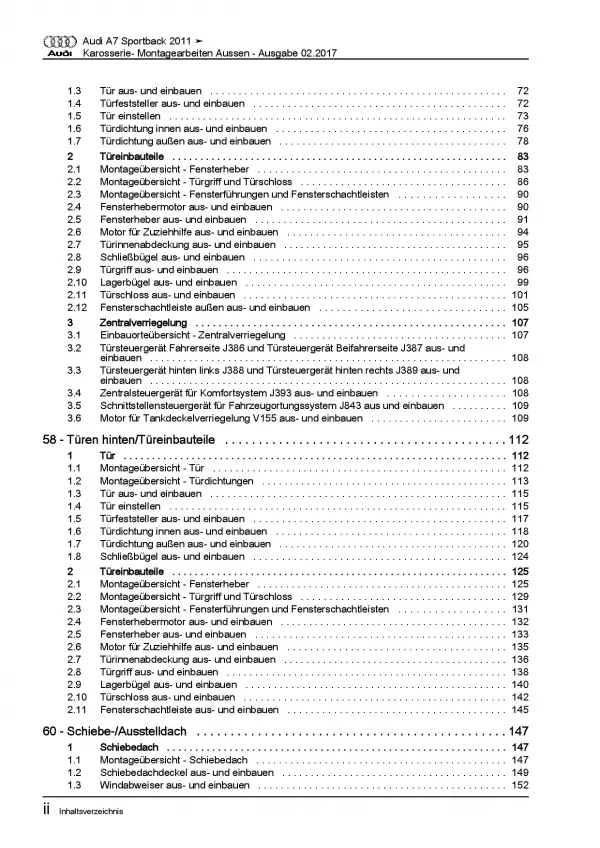 Audi A7 Typ 4G 2010-2018 Karosserie Montagearbeiten Außen Reparaturanleitung PDF