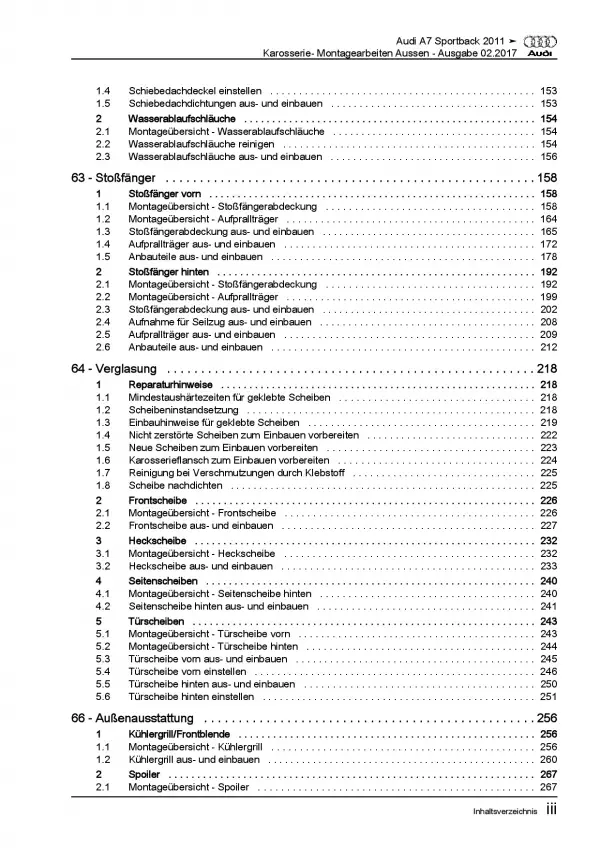 Audi A7 Typ 4G 2010-2018 Karosserie Montagearbeiten Außen Reparaturanleitung PDF