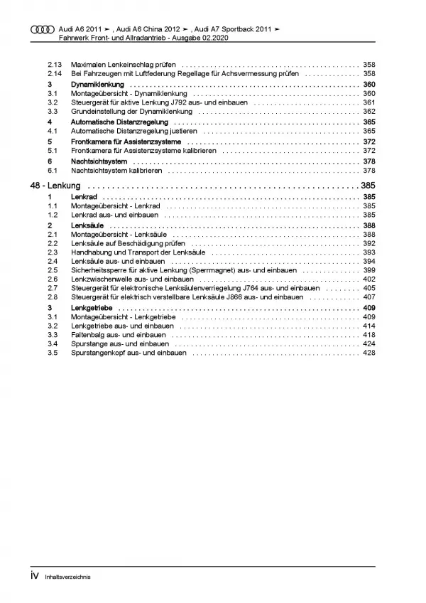 Audi A7 4G 2010-2018 Fahrwerk Achsen Lenkung FWD AWD Reparaturanleitung PDF