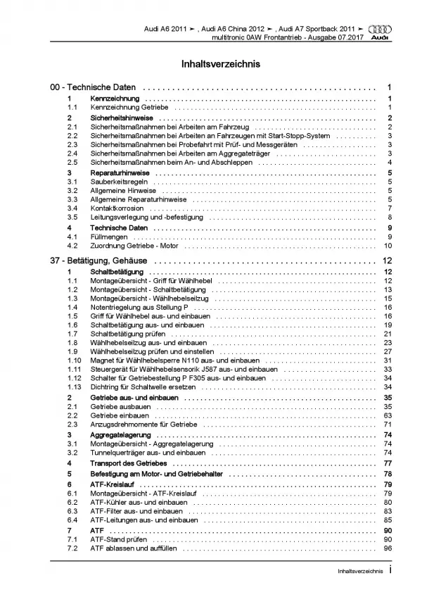 Audi A7 4G (10-18) Multitronic Getriebe 0AW Frontantrieb Reparaturanleitung PDF