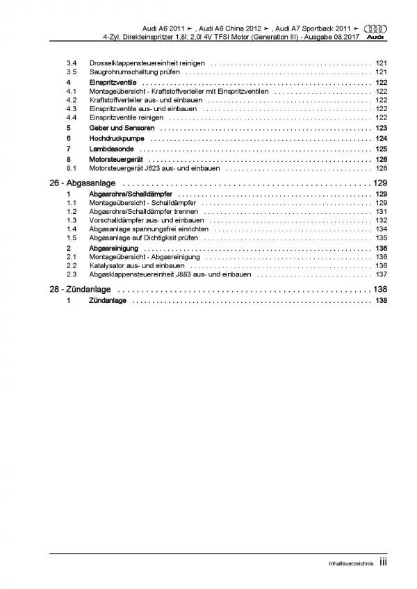 Audi A7 4G 2010-2018 1,8l 2,0l Benzinmotor 190-252 PS Reparaturanleitung PDF