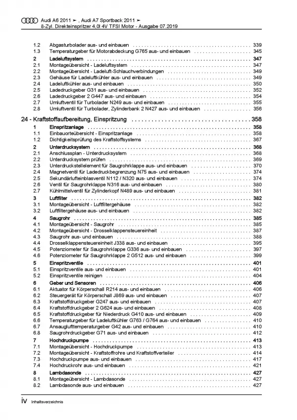 Audi A7 Typ 4G 2010-2018 8-Zyl. 4,0l Benzinmotor 420-560 PS Reparaturanleitung