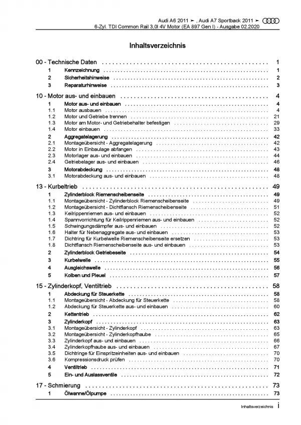 Audi A7 4G (10-18) 6-Zyl. 3,0l Dieselmotor TDI 211-272 PS Reparaturanleitung PDF