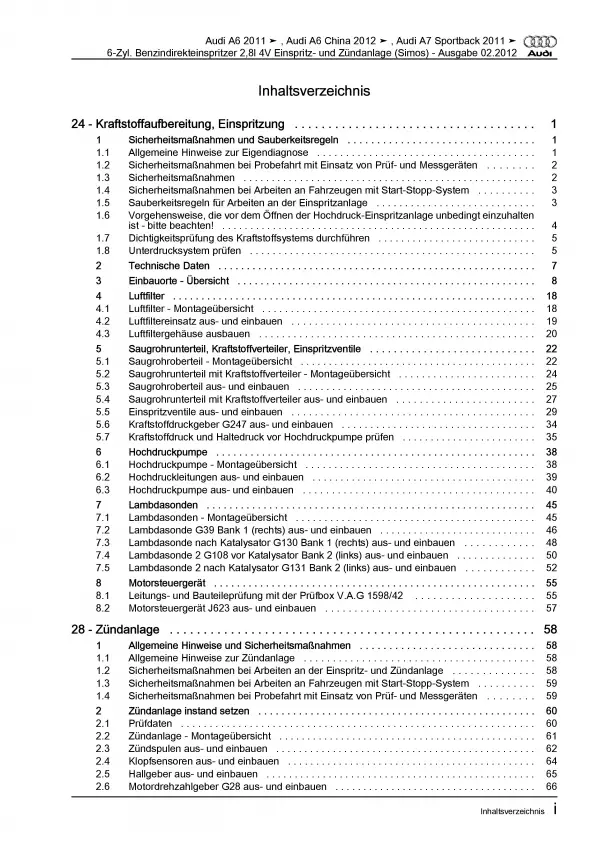 Audi A7 4G 2010-2018 Simos Einspritz- Zündanlage 2,8l Reparaturanleitung PDF